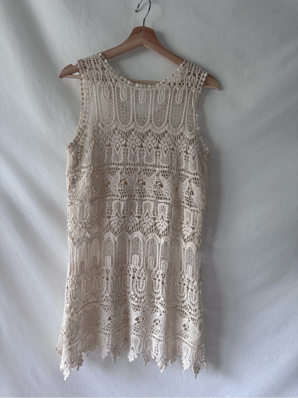 Ivory Crochet Lace Mini Dress Sheer Boho Tunic XS S - Picture 4 of 11